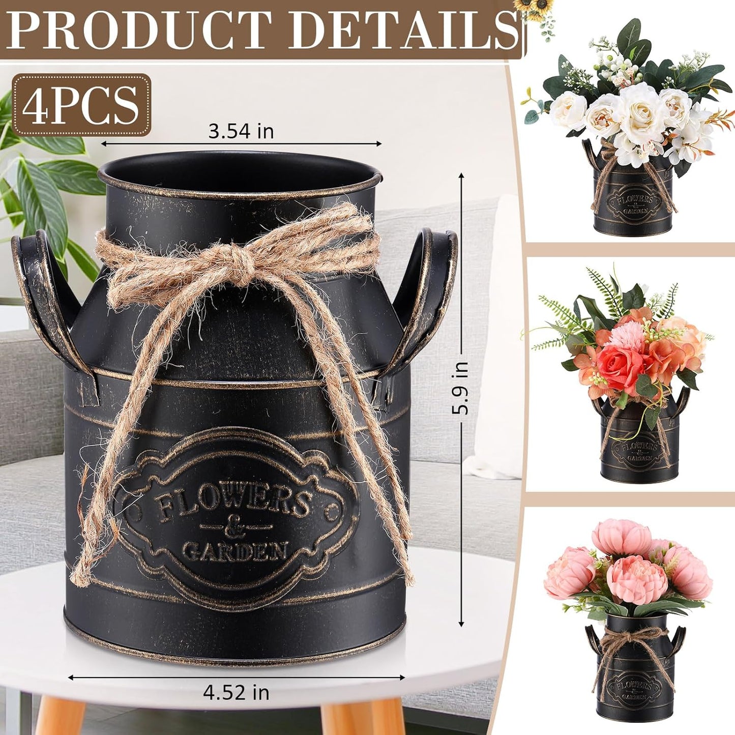 6 Inch Farmhouse Vase Decor Milk Can Vintage Flower Jug Galvanized Metal Vase with Handle Rustic Flower Buckets for Thanksgiving Christmas Table Centerpiece Weddings Gifts(Black,4 Pcs)