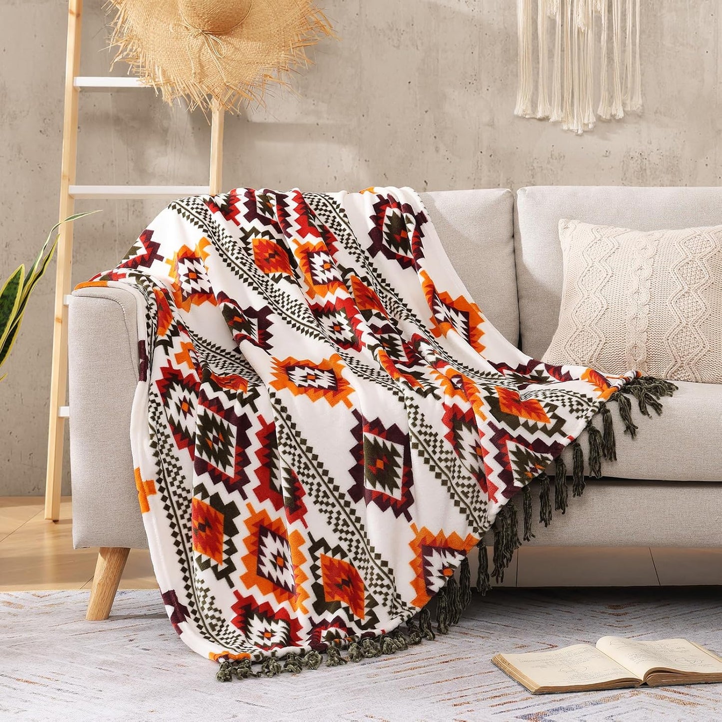 CASAAGUSTO Boho Throw Blanket - Orange and Green Decorative Blankets with Tassel, Printed Flannel Bohemian Blanket for Chair, Bed, Sofa, Couch(60 * 80, Orange and Green)