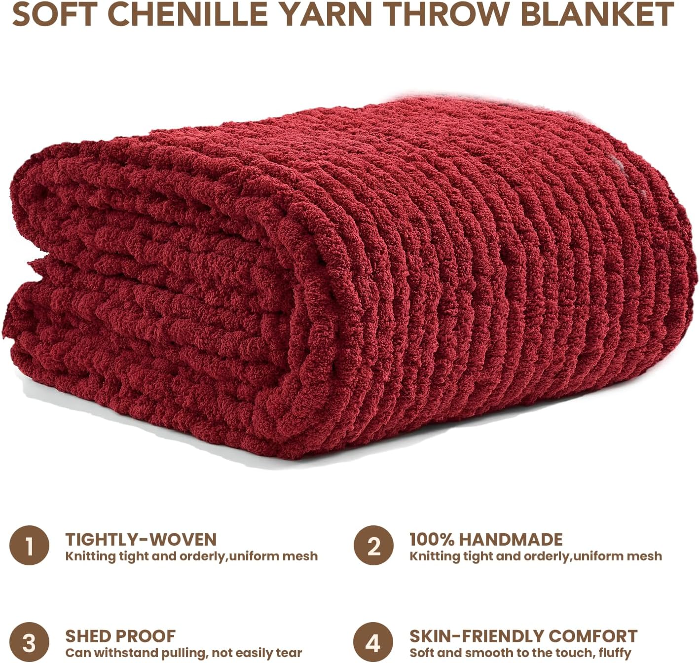 L'AGRATY Chunky Knit Blanket Throw: 60''x80'' Chenille Chunky Knitted Throw Blankets for Twin Bed Couch - Handmade Thick Cable Knit Blanket - Large Crochet Rope Blankets for Home Decor(Maroon Red)