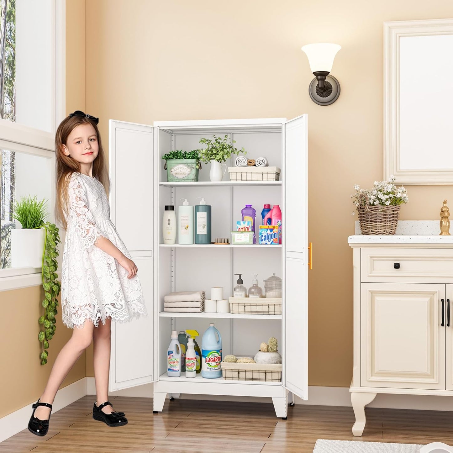 Metal Pantry Cabinet, Kitchen Pantry Storage Cabinets with 2 Door and 3 Adjustable Shelves, White Kitchen Pantry Cabinet, Freestanding Cupboard for Dining Room Living Room Bathroom