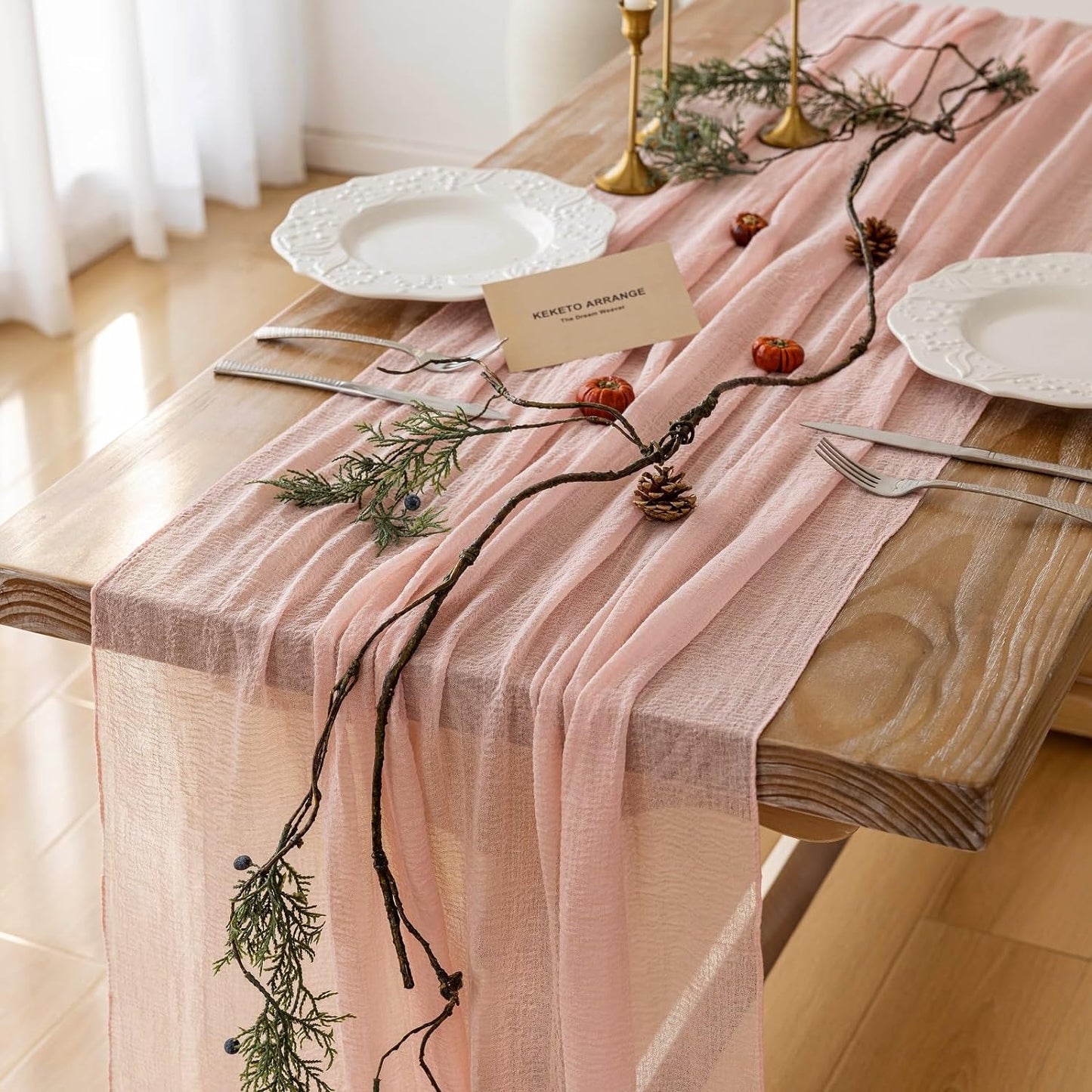 3pcs Pink Gauze Rustic Cheesecloth Table Runner 120 Inch 10 FT for Wedding Baby Shower Bridal Shower Birthday Engagement Garden Outdoor Party Long Sheer Boho Decorations