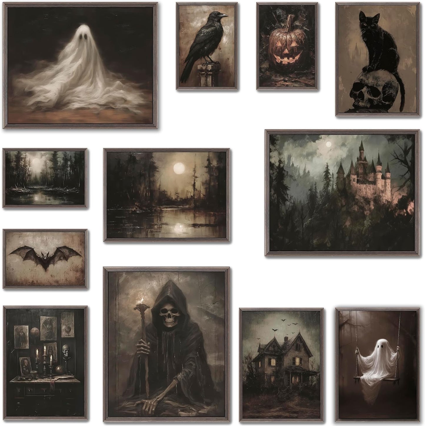 LANCHI95 12 Pcs Halloween Wall Art Prints, Vintage Witch Posters, Cute Ghost Pictures for Bedroom Decor (UNFRAMED)