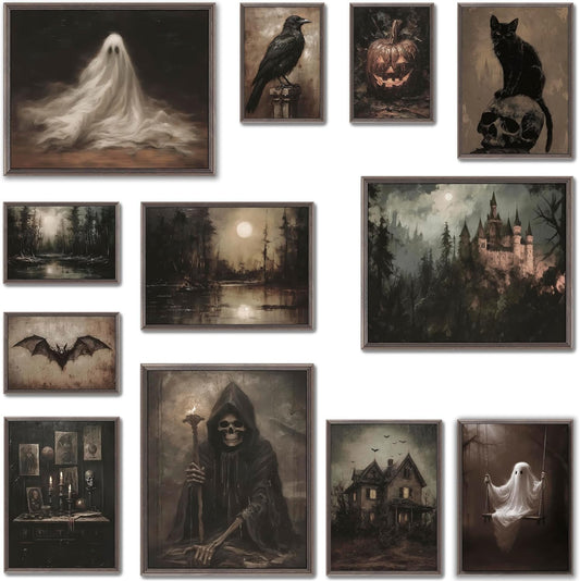 LANCHI95 12 Pcs Halloween Wall Art Prints, Vintage Witch Posters, Cute Ghost Pictures for Bedroom Decor (UNFRAMED)