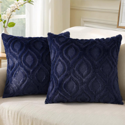 decorUhome Fall Throw Pillow Covers 20x20 Inch Set of 2, Soft Plush Decorative Faux Fur Navy Blue Solid Couch Pillow Covers, Accent Farmhouse Neutral Square Euro Pillow Cases for Sofa Bed Living Room