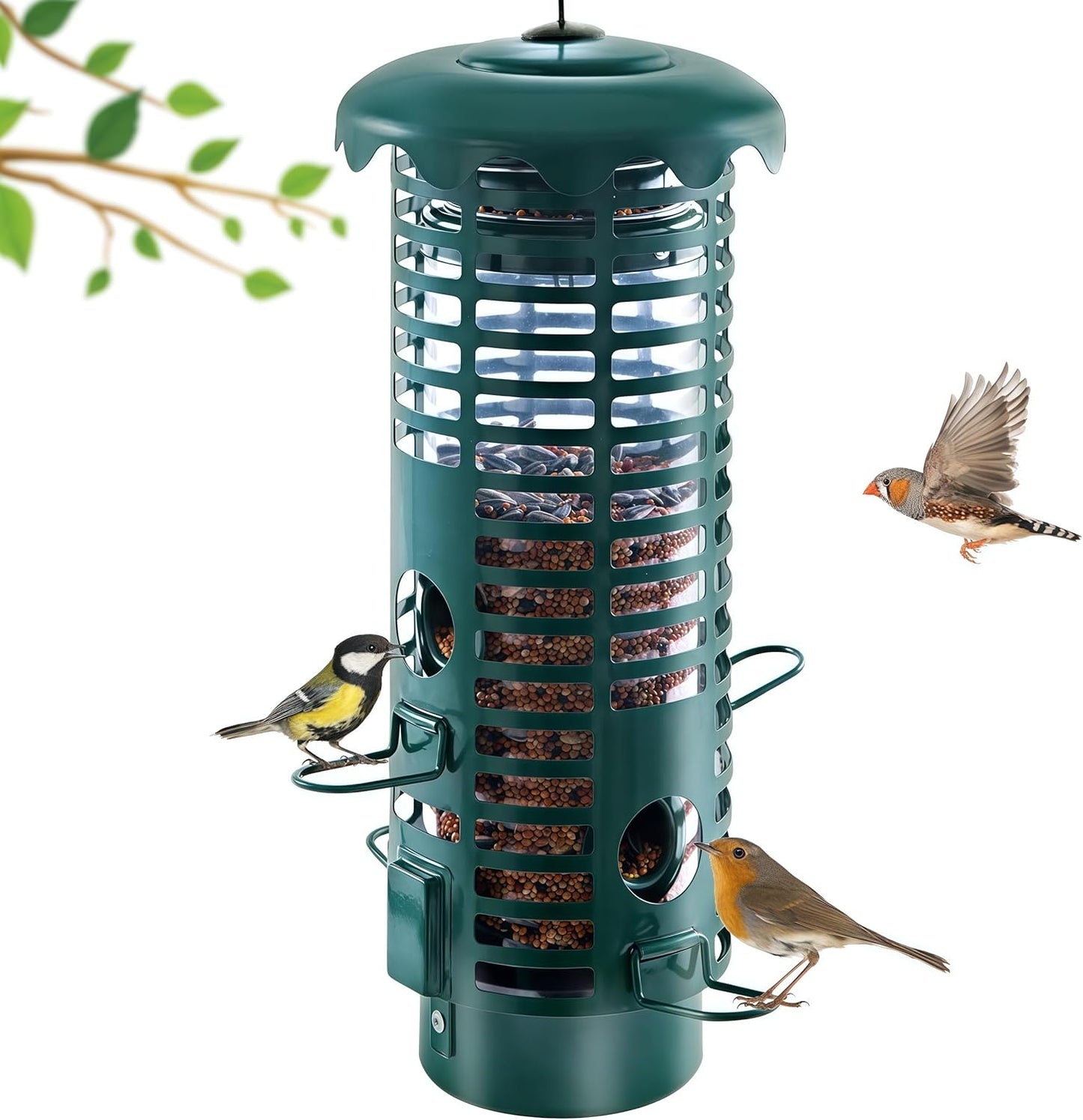 Squirrel Proof Bird Feeder Metal Mesh for Outdoors Hanging,Weight Activated Weatherproof Wild Bird Feeders with Finch Cardinal Chickadee,Large Capacity(Green)
