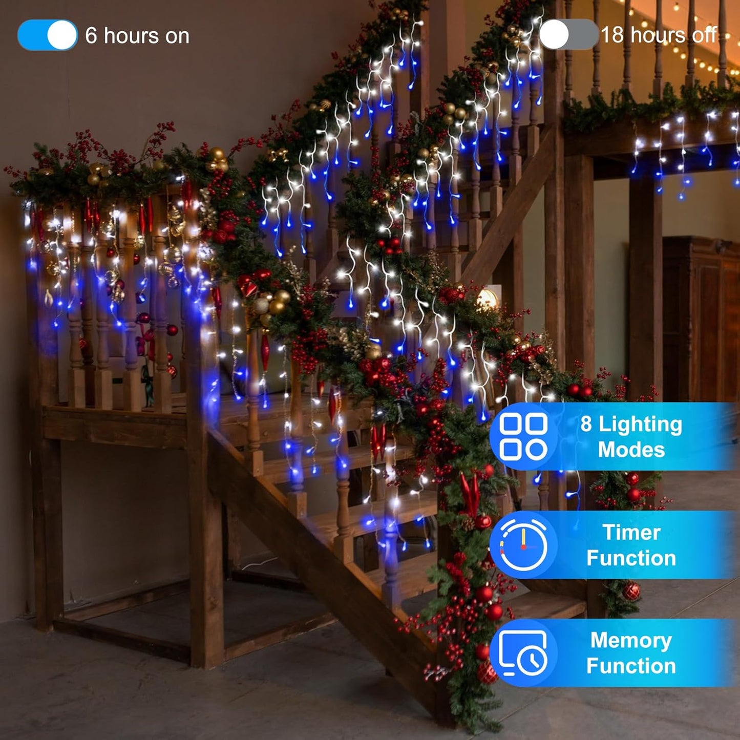 1620LED 164ft Christmas Lights, 360Drops 12 Modes Christmas String Lights Outdoor Dimmable, Waterproof Christmas Decoration Fairy Lights with Timer Memory for Party Patio Window Fence Blue & CoolWhite