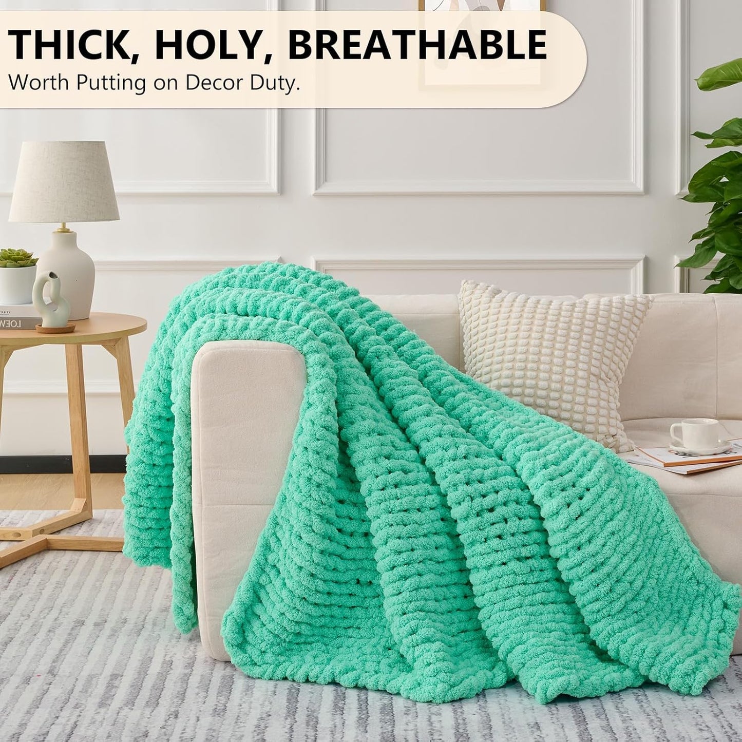 L'AGRATY Chunky Knit Blanket Throw: 50''x60'' Chenille Chunky Knitted Throw Blanket for Bed Couch - Handmade Thick Big Cable Knit Blanket - Large Crochet Rope Blanket for Home Decor(Aqua)