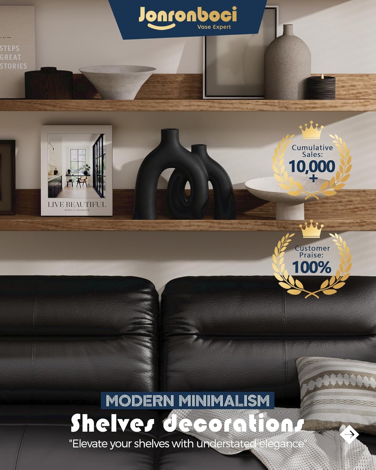 Matte Black Vase Set - Hug Hollow Donut Aesthetic Ceramic Vases Home Decor, Modern Nordic Minimalist Decorative Vase for Table Centerpiece Bookshelf Office Entryway Console Fireplace (Black)