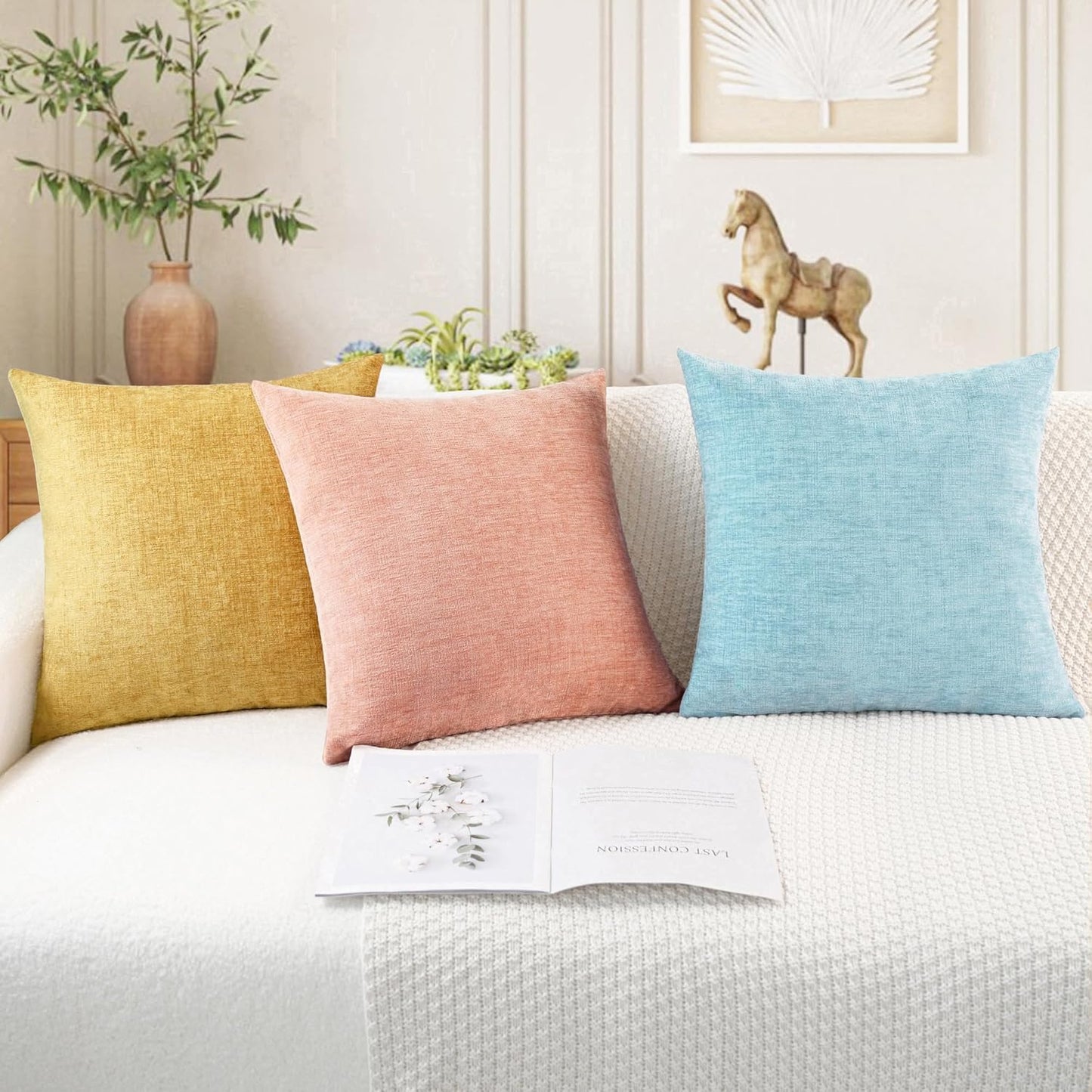 CaliTime Throw Pillow Covers Decorative 18 X 18 Inches Pack of 2 Cozy Chenille Cushion Cases for Couch Sofa Bed Living Room Home Light Blue Grey