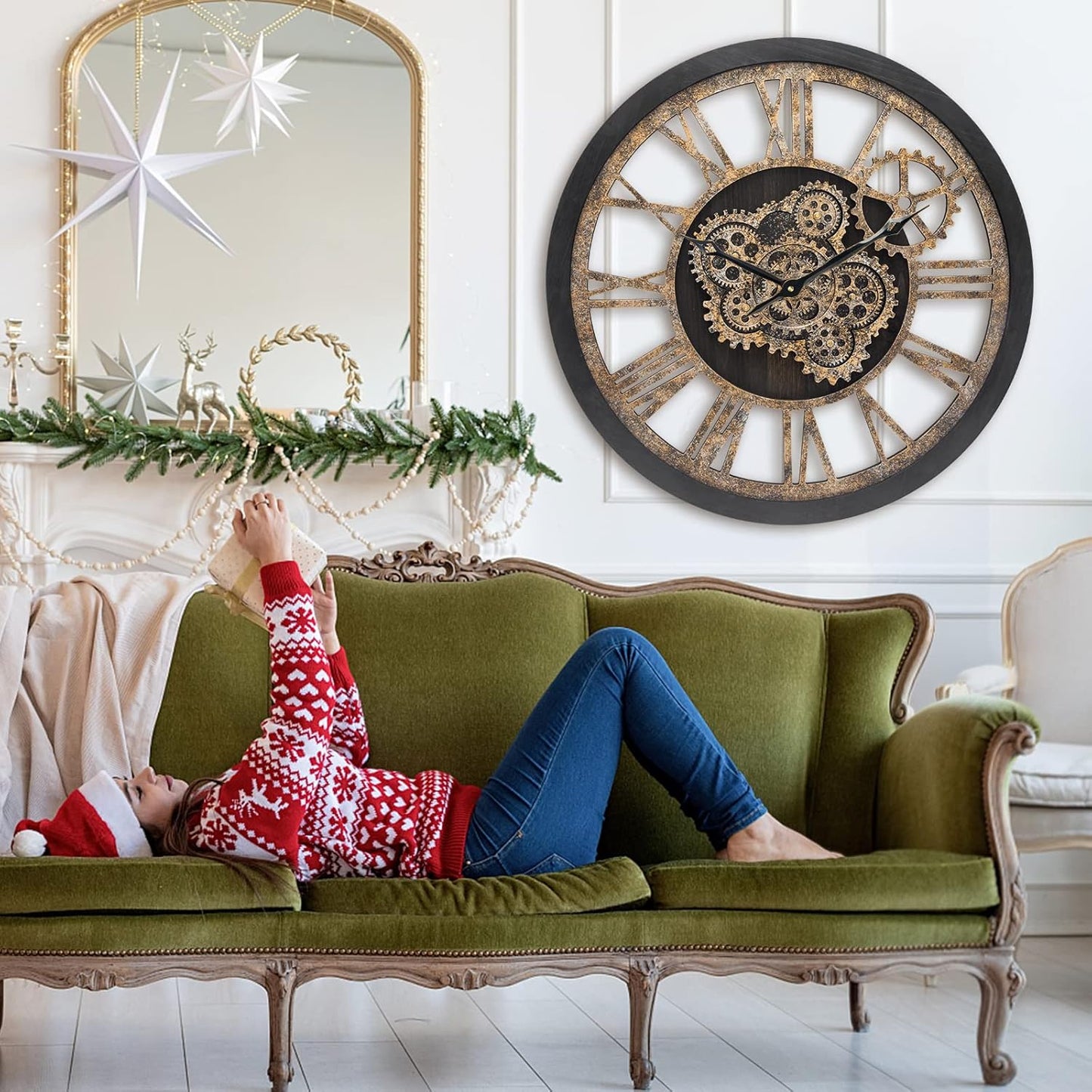 HOIBAI Large Wall Clock, Wall Clocks for Living Room Decor 20 Inch Farmhouse Vintage Rustic Kitchen Wall Decor Vintage Roman Oversized Wall Clock for Home Bedroom House Office, Moving Gears Clock