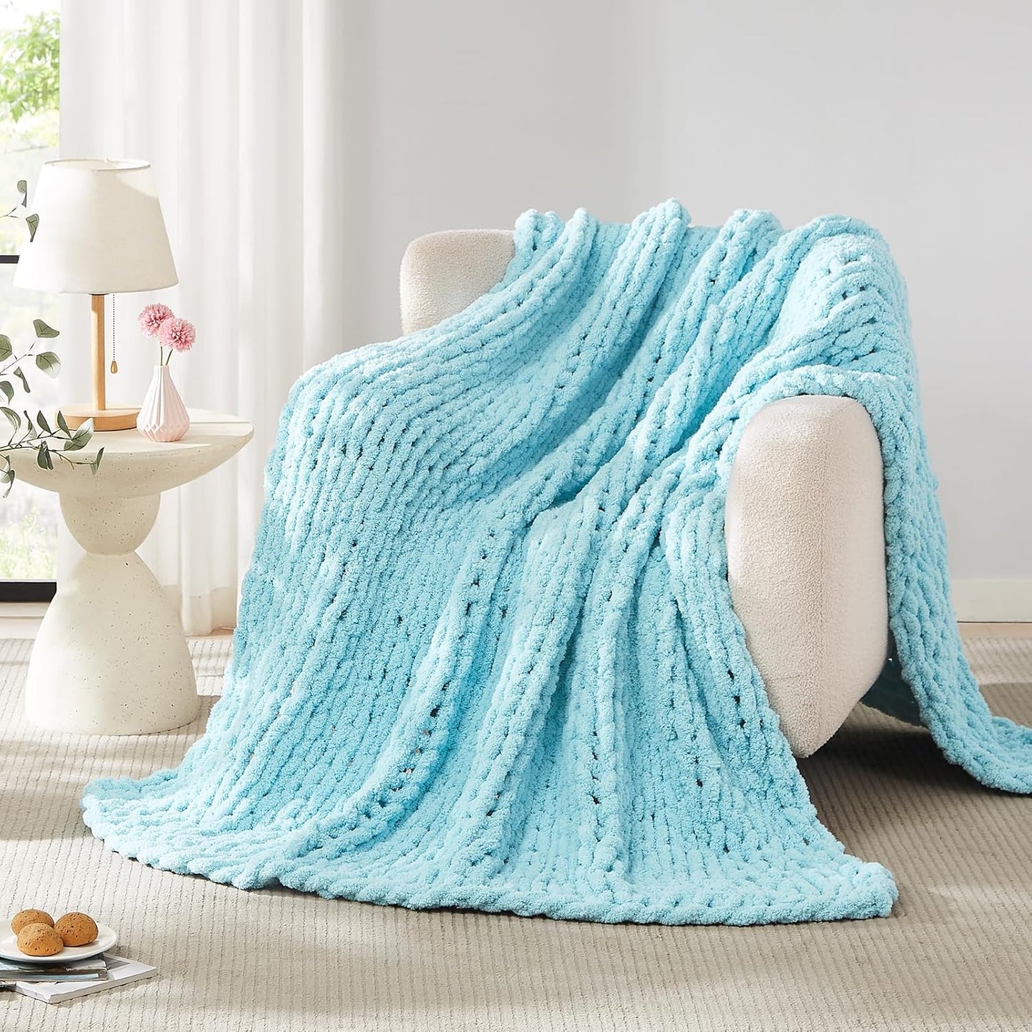 L'AGRATY Chunky Knit Blanket Throw: 72''x84'' Chenille Thick Big Cable Knit Blanket - Handmade - Light Blue