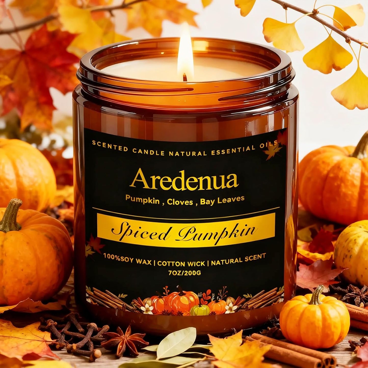 Fall Candles - Spiced Pumpkin Scented Candle, Autumn Scented Candles for Home - Natural Soy Autumn Candle - 7 oz Aromatherapy Candle, Fall Gifts for Women Men