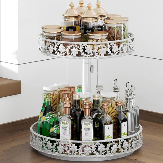 2 Tier Lazy Susan Organizer Turntable Adjustable,12 Inch Two Tier Lazy Susan Metal Easy Assembly Cleaning, Rotating Spice Rack Organizer for Cabinet Dining Table Kitchen Countertop White