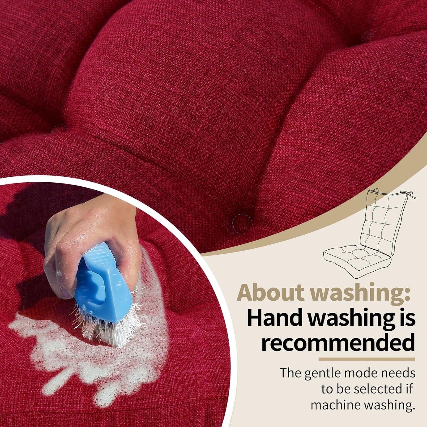 BUYUE Chair Cushion Set for Rocking Chair, Back Pillow & Seat Cushion with Ties, Original Woven Fabric Non-Slip Chair Pads for Elderly Sitting, Red