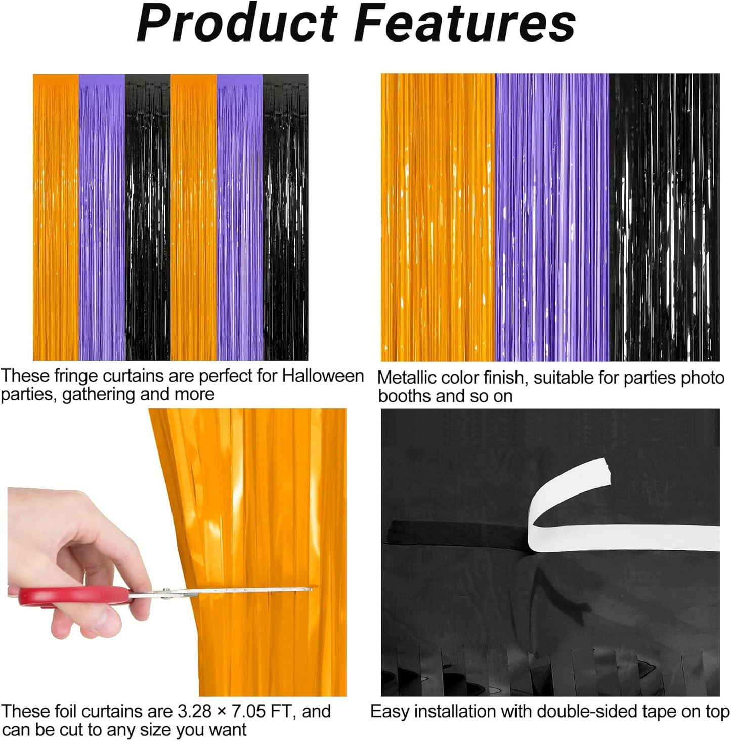 2 Pack Halloween Backdrop, 3.28 FT x 7.05 FT Foil Fringe Curtains, Orange Purple Black Party Streamer Tinsel Backdrop Curtains, Halloween Decorations Door Decor Photo Props Party Supplies