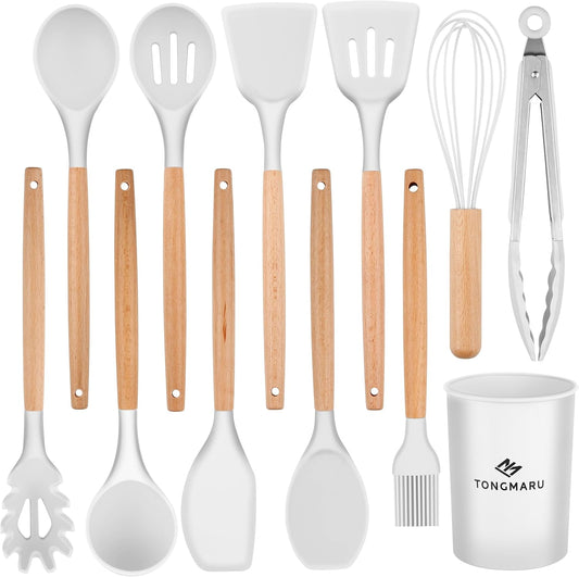 Silicone Cooking Utensils Set, Premium Beech Wood Handle Kitchen Gadgets Utensil Set, Non-Stick Kitchen Utensils Spatula, Tongs, Turner, Whisk, Brush, Spoon, BPA FREE, 446°F Resistant (White)