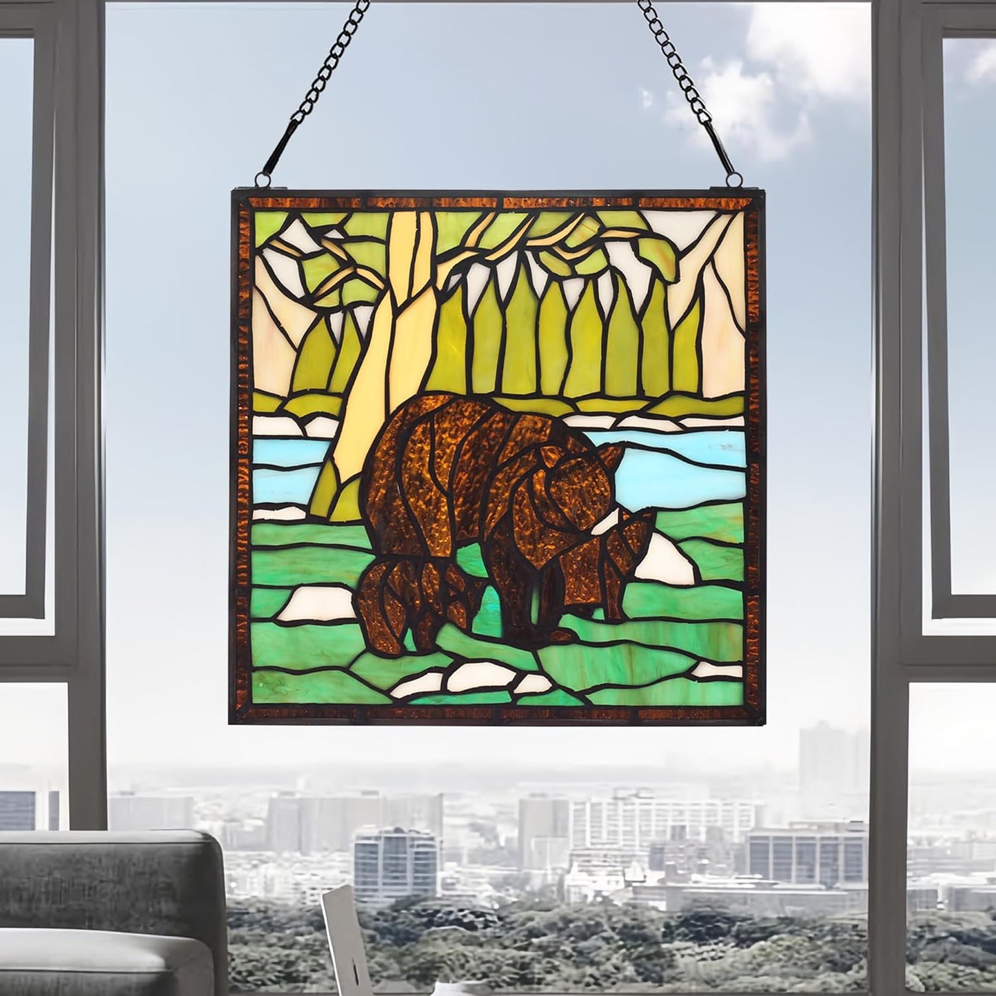 bwkoiujes Stained Glass Window Hanging 12" Square Tiffany Animal Style 3 Brown Bears Suncatcher Wall Decor Art Panel Includes 20" Chain and Hooks The Perfect Housewarming Gift