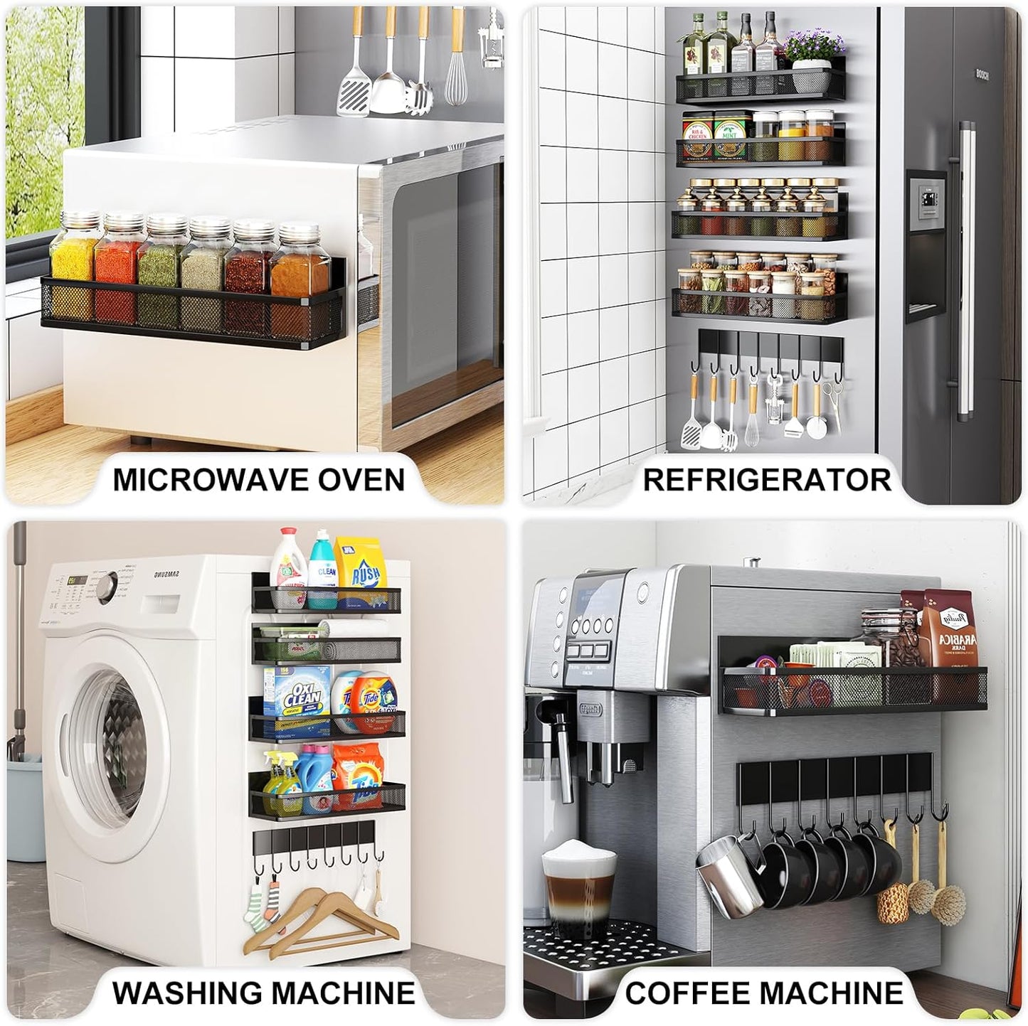 Magnetic Spice Rack for Refrigerator, 5 Pack Magnetic Shelf, Moveable Magnetic Fridge Organizer with 8-Hook Rack, Seasoning Organizer for Kitchen Organization and Storage (5 Pack)