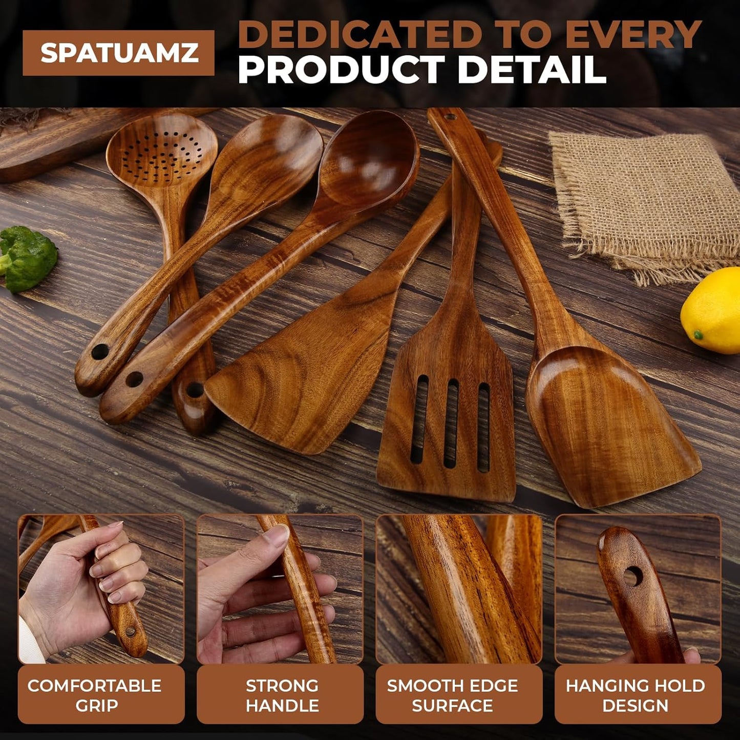 SPATUAMZ Wooden Cooking Spoons, Ladle and Spatula, Fine Polished Teak Wood Cooking Utensils Set of 6, Nonstick Wooden Kitchen Spoon & Spatula Set