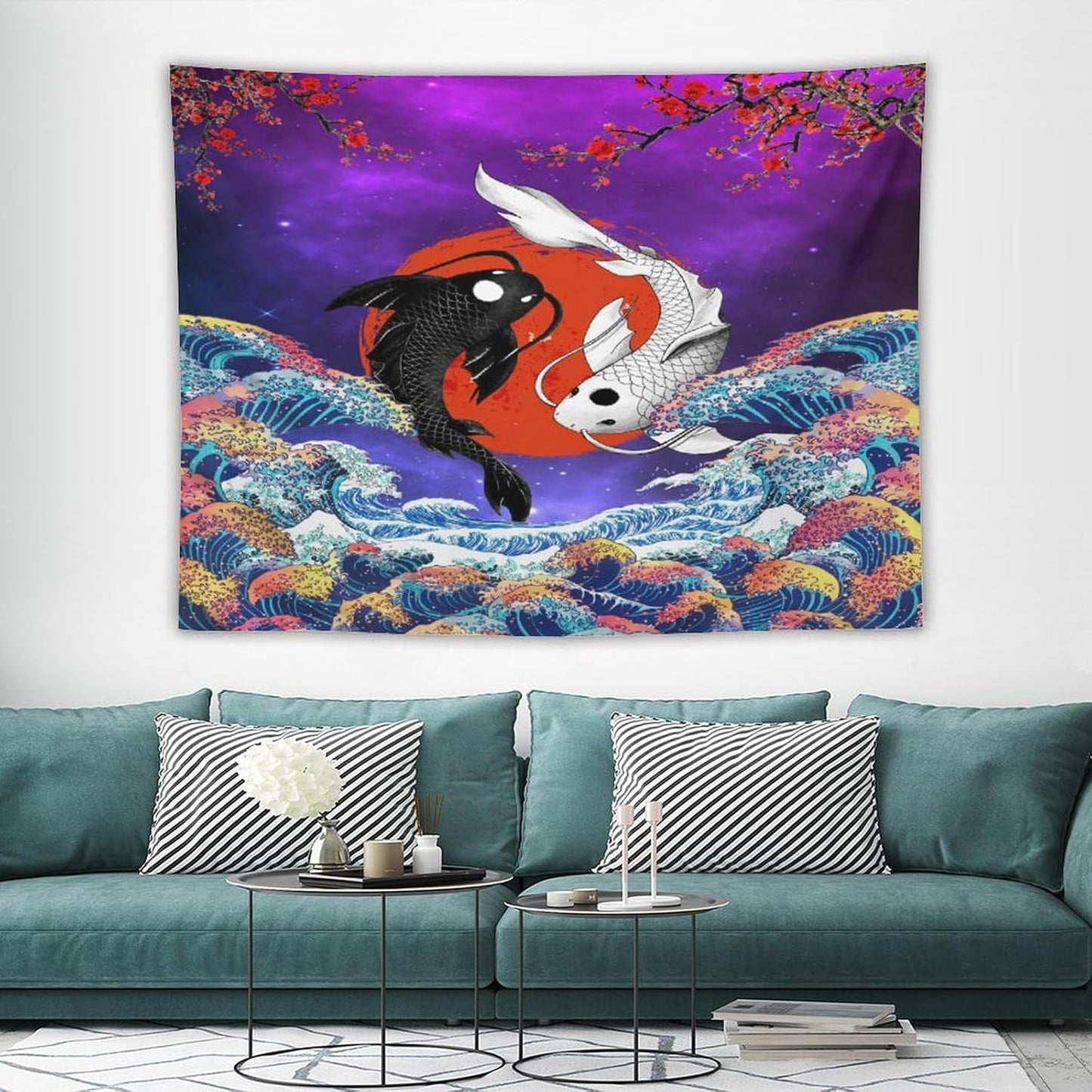 Houselerax Japanese Koi Fish Tapestry, Yin Yang Big Wave Cherry Blossom Tapestries Wall Hanging for Bedroom Living Room Office Decor 80"x60"