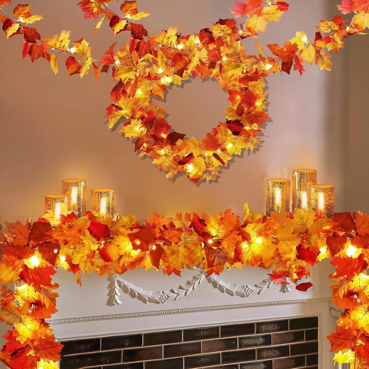 4 Pack Fall Decor Garland - Fall Thanksgiving Decorations for Home - 23.6Ft Maple Leaves Garland with Lights Battery Operated for Mantle Fireplace Table Indoor Outdoor Autumn Halloween Christmas Decor