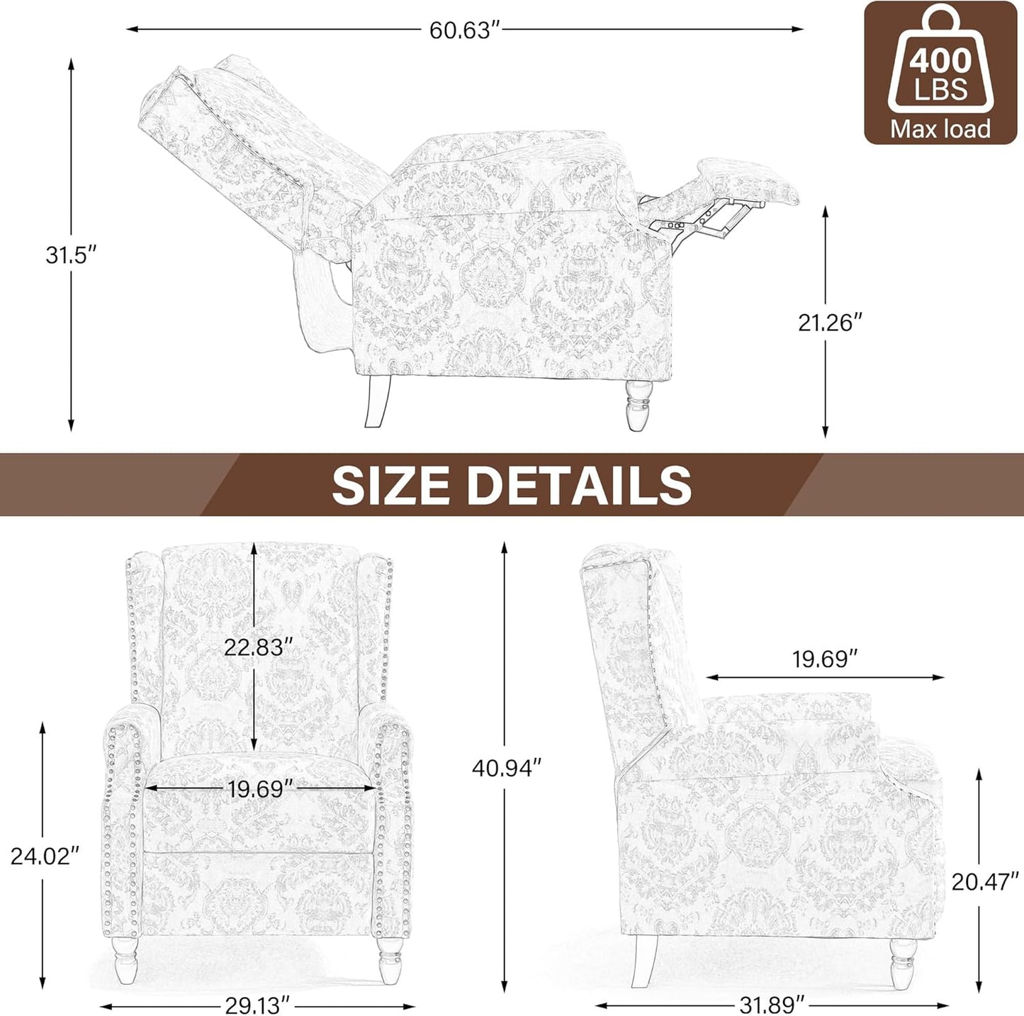 UIXE Floral Pushback Recliner Chairs Set of 2, Fabric Upholstered Armchair Push Back Accent Chair for Living Room, Rivet Trim Club Chair Home Theater Single Sofa Reading Seat - Blue Plants