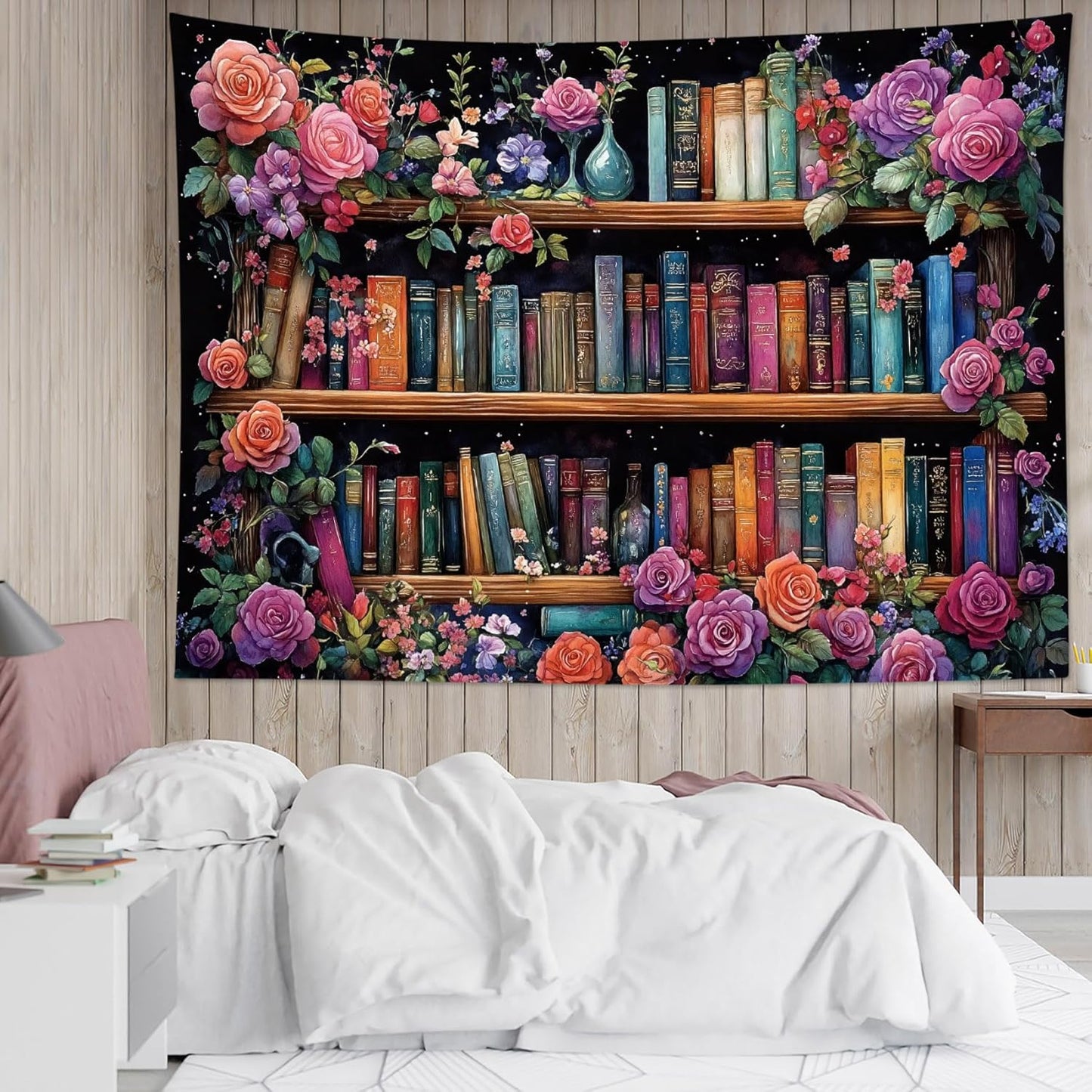 HVEST Bookshelf Wall Tapestry Pink Floral Green Leaf Watercolor Plant Botanical Aesthetic Tapestry Wall Hanging Vintage Library Book Tapestries for Bedroom Living Room Dorm, 70.9L x 92.5W Inches