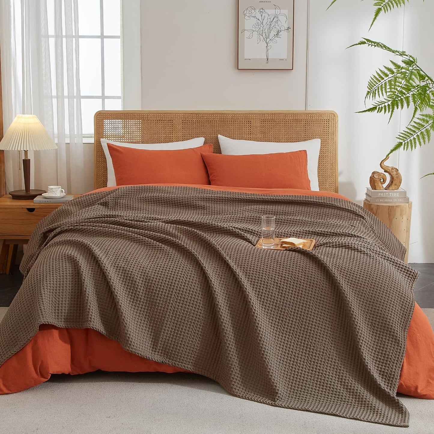 PHF Ultra Soft Waffle Weave Blanket Twin Size 66"x 90"- Washed Lightweight Breathable Cozy Woven Blanket for Bed - Aesthetic Decor for Couch Bedding Sofa Home Car - Cocoa Brown