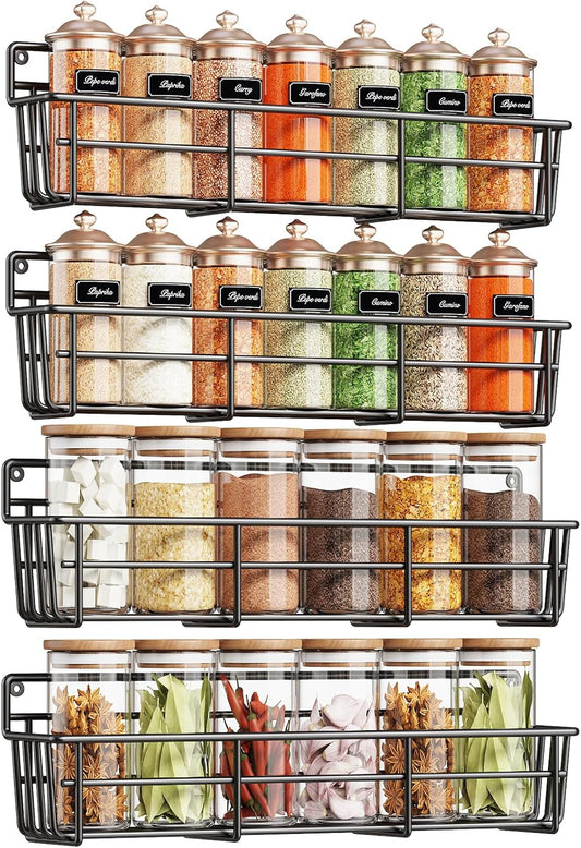 Spice Rack Organizer Wall Mount, Hanging Spice Pantry Storage Shelf Organization, 4 Pack Space Saving Seasoning Organizer for Kitchen Cabinet, Door or Bathroom, Black