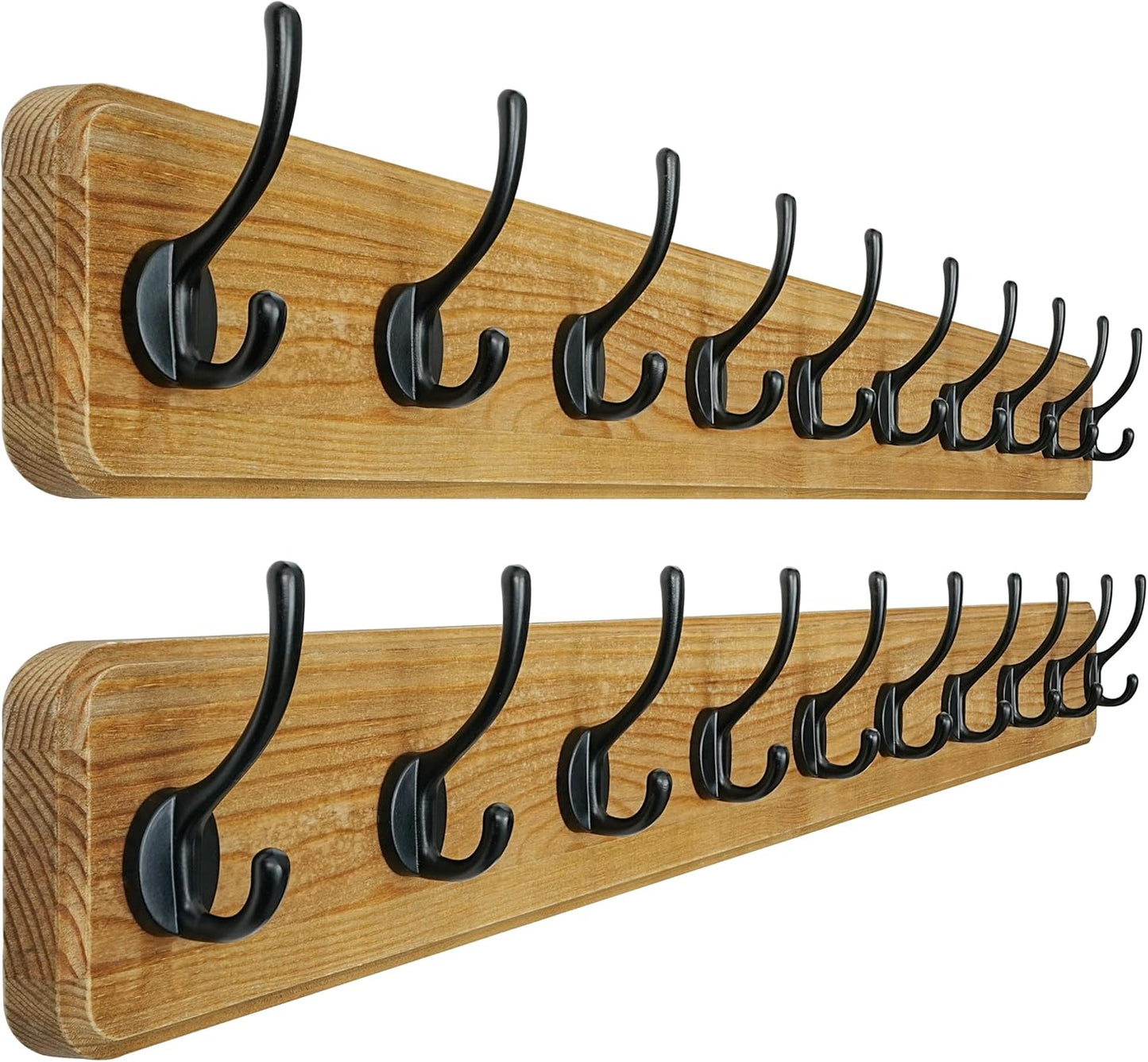 Dseap Coat Rack Wall: 38-1/4" Long, Patented, Heavy-Duty, 10-Double-Hooks Wooden Wall Mounted Coat Rack Coat Hanger Hook Rail for Winter Coats Hat Jacket Clothing, Weathered Brown, Pack of 2