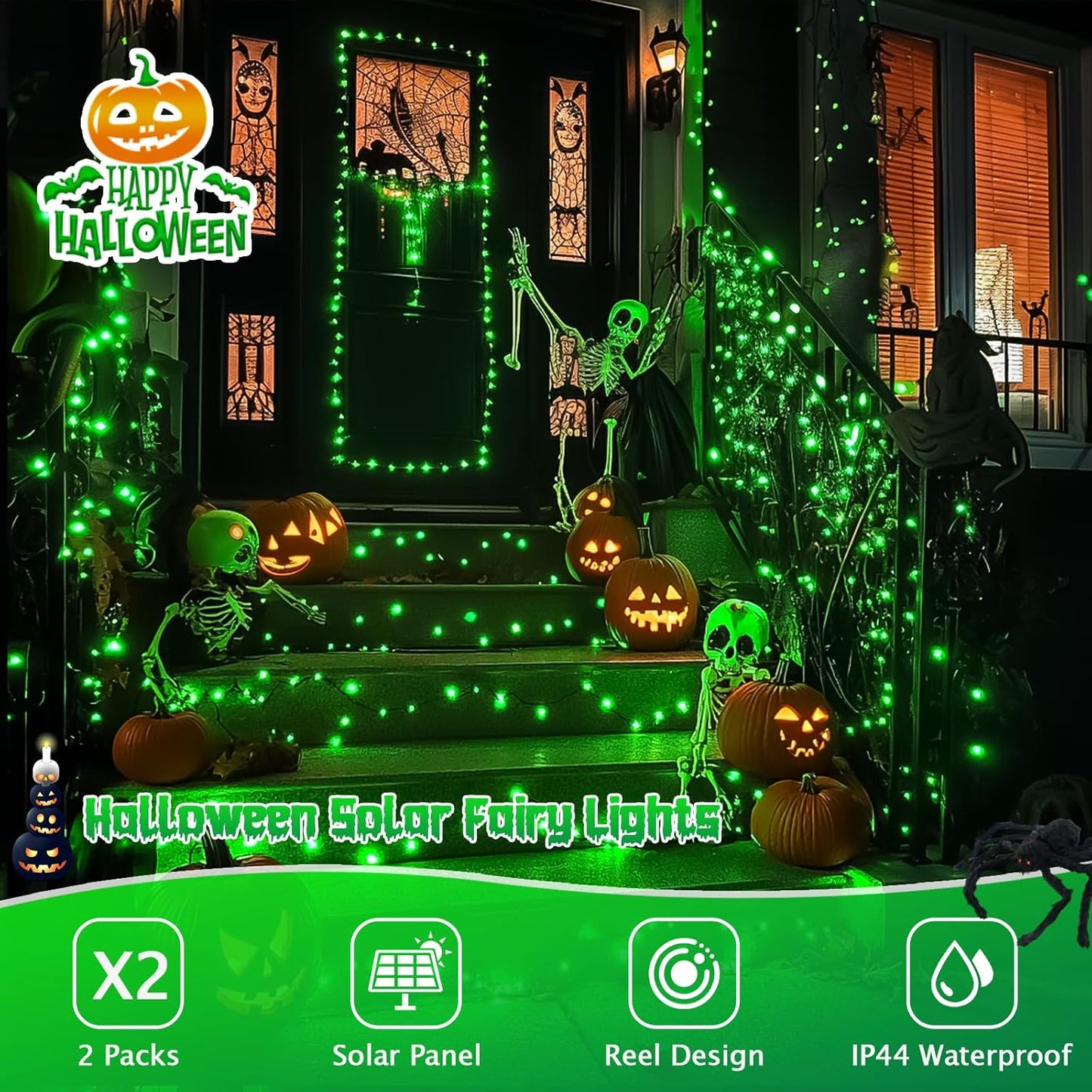 JMEXSUSS 2 Pack Green Halloween Lights, Each 33ft 100 LED Green Solar Lights Outdoor, Waterproof Solar Fairy String Light for Outside Patio Garden Party Tree Christmas Halloween Decorations