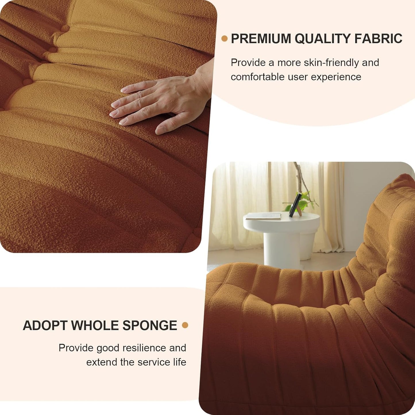 Luxury Sofa Couch Chair, Lazy Floor Seating, Fireside Bean Bag Chair, Ergonomic Tatami Sofa Lounger for Living Room, Bedroom, Office, 3 Seat, Brown