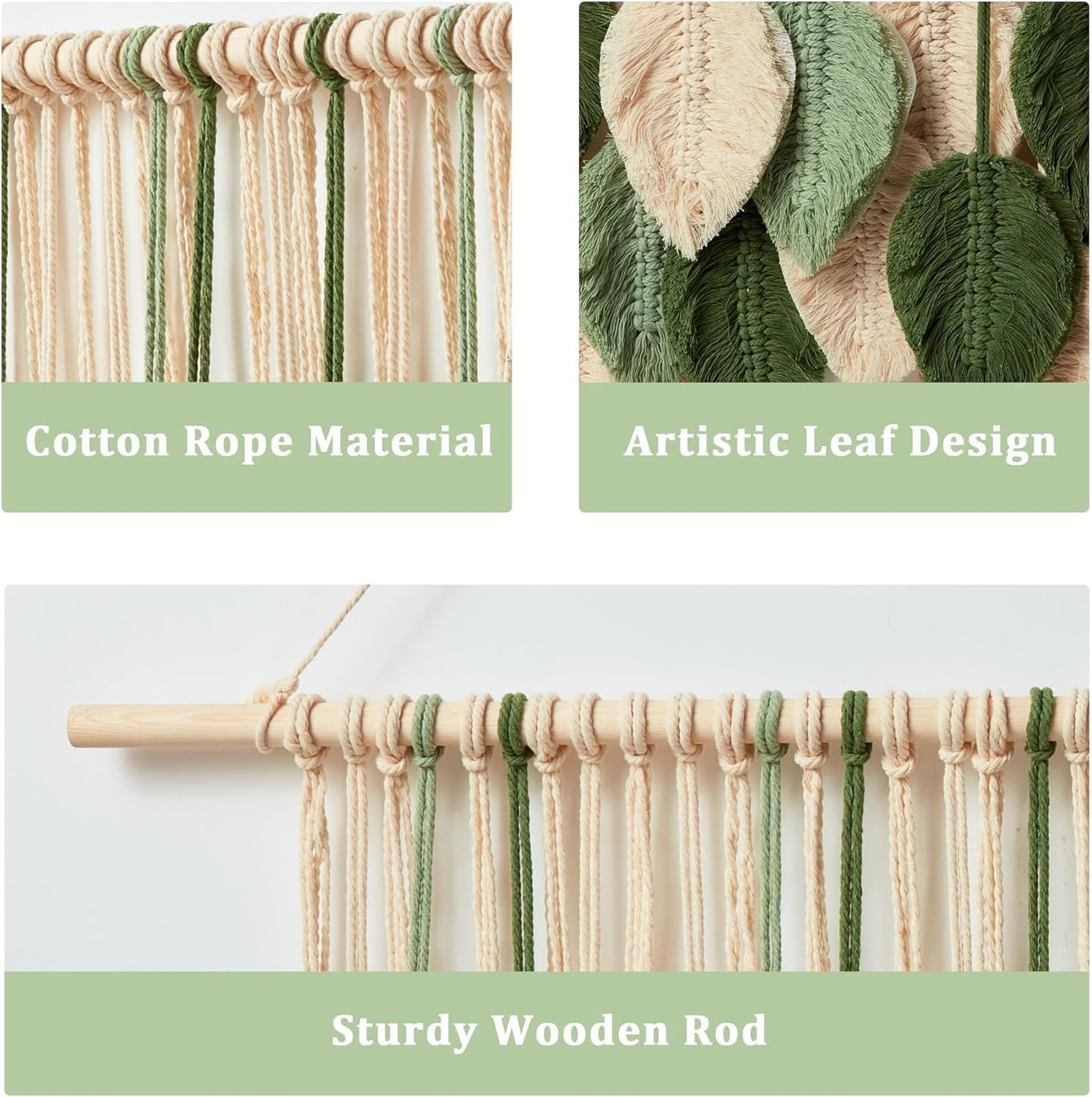 Macrame Wall Hanging Boho Wall Tapestry Handmade Woven Leaf Wall Decor Crochet Wall Art for Home Office Apartment (Green, 51.2" W x 34.3" L)