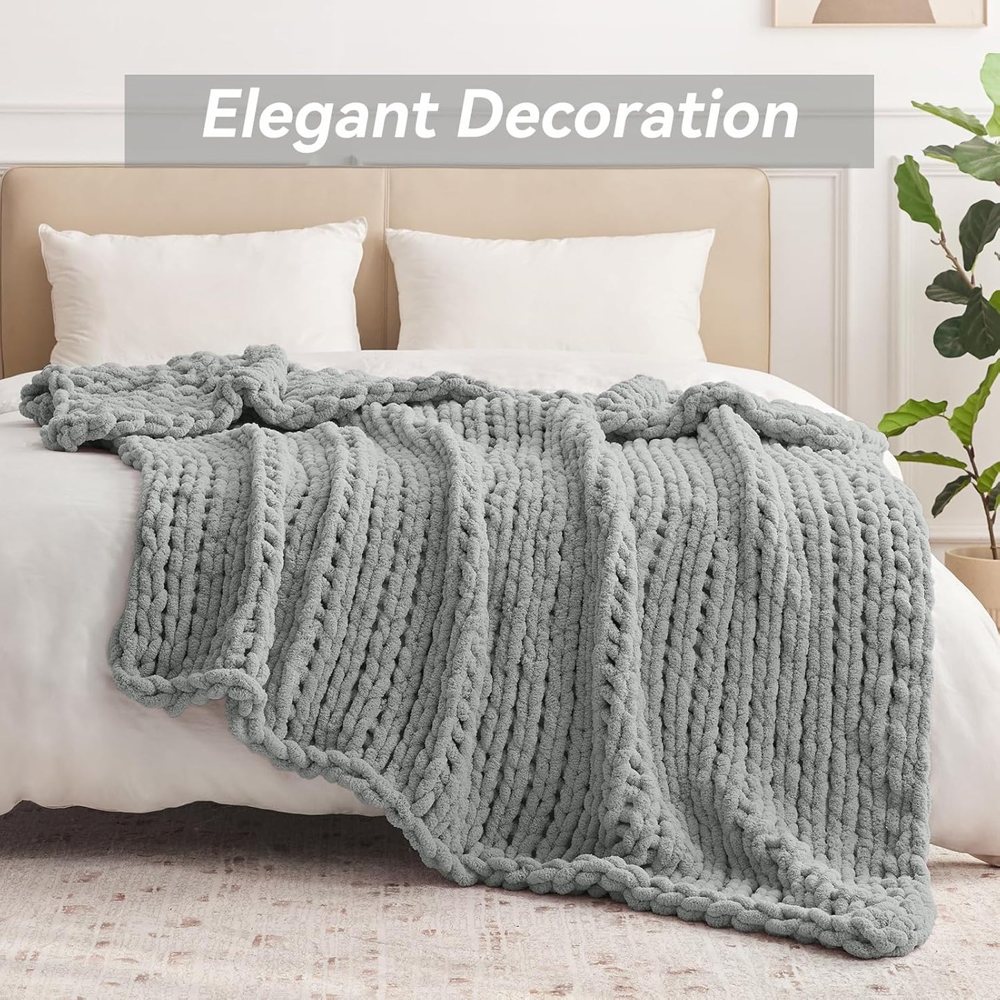 Chunky Knit Throw Blanket, 50''*60'' Knitted Throw Chenille Yarn for Bed Couch, Handmade Light Grey Crochet Big Thick Blanket, Machine Washable Cute Comfy Blanket for Home Decor