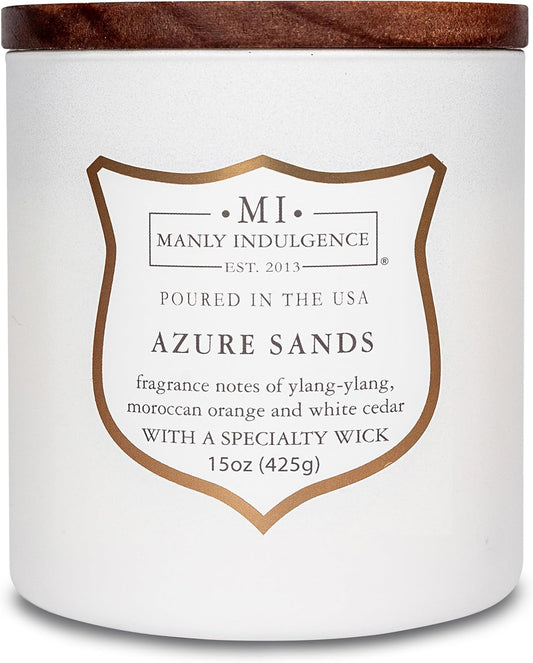 Manly Indulgence Azure Sands Scented Candles for Men, 15 oz Wooden Wick, Premium Soy Blend Wax, 60H Burn, Candles for Home Scented - Made in The USA