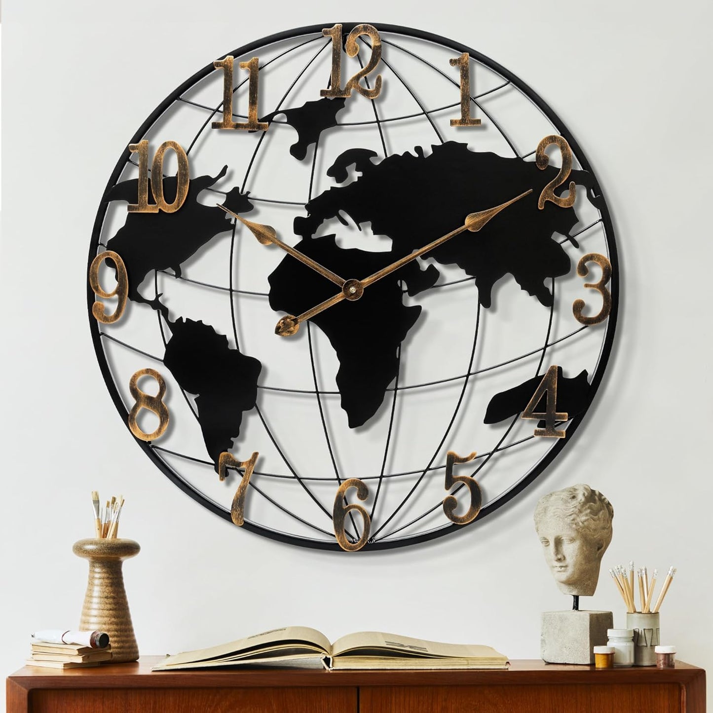 Large Wall Clock - 20 Inch World Map Minimalist Modern Round Metal Wall Clock Silent Non-Ticking Battery Operated Wall Clocks for Living Room Kitchen Office Farmhouse Home Decor