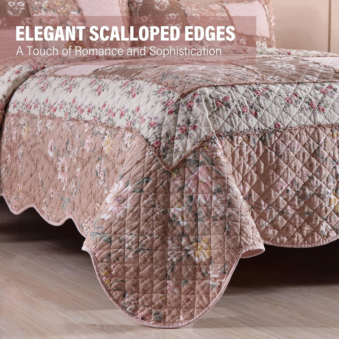 NEWLAKE Quilt Set Queen Size, Cotton Patchwork Pink Floral Quilt Sets, Real Stitched Embroidery Bedspread Lightweight and Breathable for All Seasons, Soft Quilted with 2 Pillow Shams