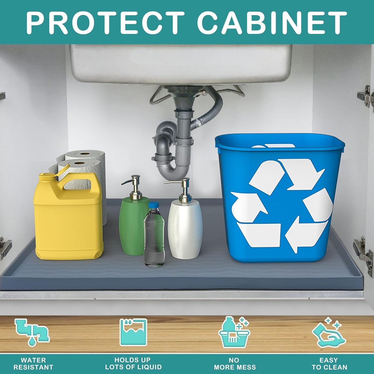 URMONA Waterproof Silicone Under Sink Mat 16'' x 10'' Shelf Liner for Kitchen and Bathroom, Cabinet and Counter Protector, Storage and Organizers, Litter Mat, Pet Cat Puppy Essentials(Dark Grey)