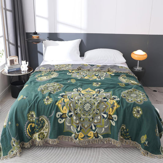 Snycler Boho Throw Blanket for Bed - 100% Cotton Ultra Soft Rustic Quilt - Green Boho Floral Printed Farmhouse Decor Bed Blankets, 80"×90" All Season Rustic Throw for Sofa Couch Chair