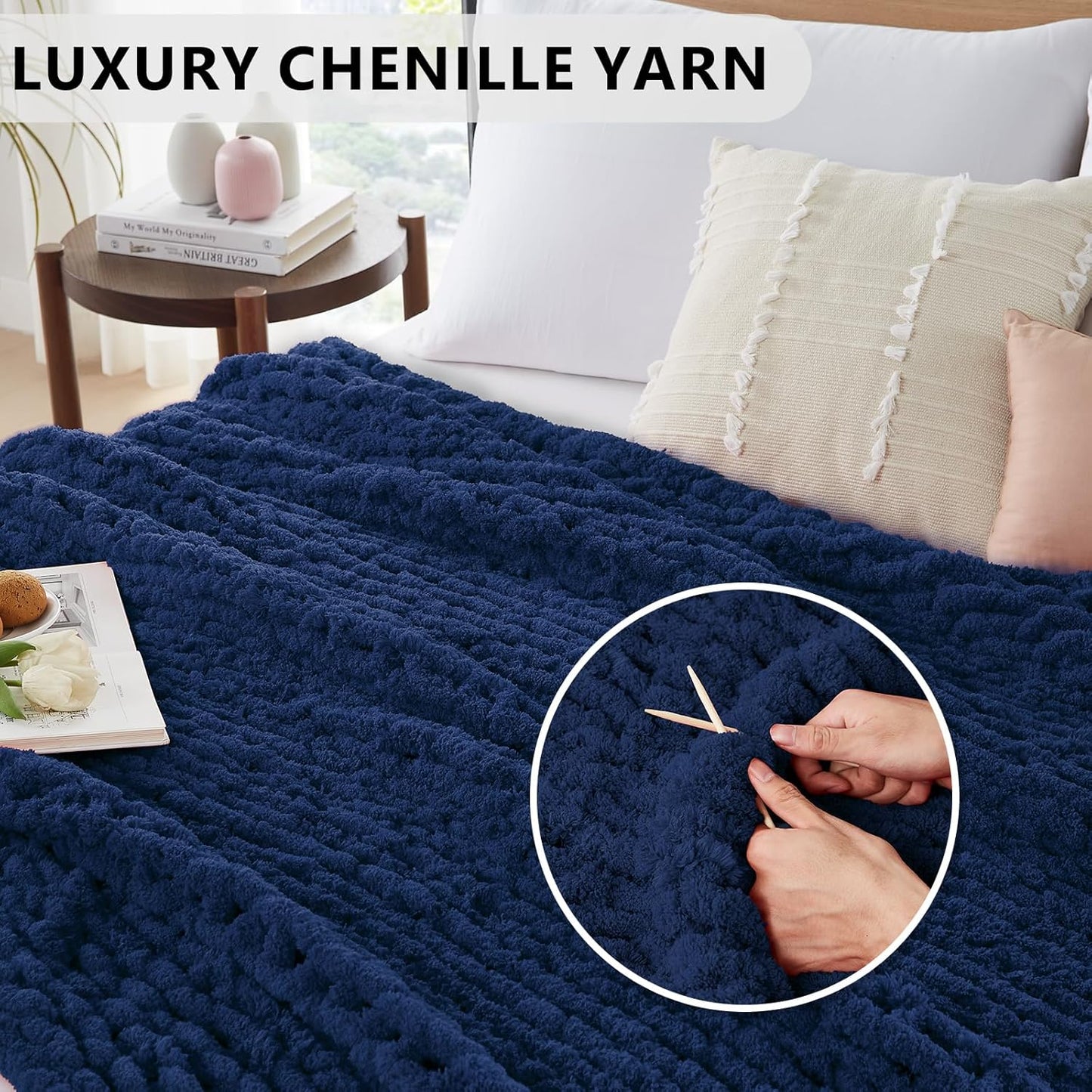 L'AGRATY Chunky Knit Blanket Throw - Soft Chunky Throw Blanket 50x60: 100% Hand Kintted Chenile Crochet Throw Blanket for Couch - Large Cable Knit Chunky Blanket for Home Decor(Dark Blue)