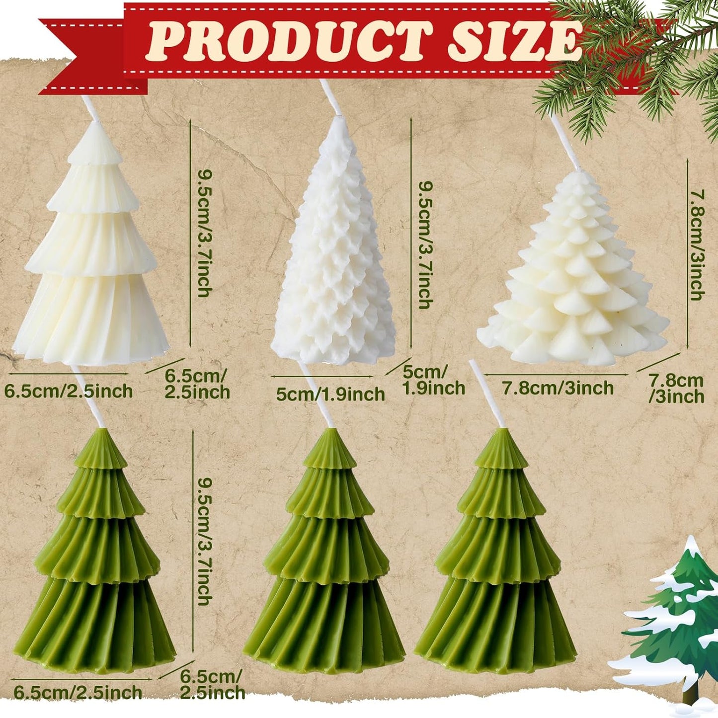 6 Pcs Christmas Tree Shaped Candles Xmas Wax Scented Candles White Green Decorative Christmas Tree Gifts for Xmas Eve Winter Holiday Party New Year Bedroom Room Table Decor, 4 Classic Styles