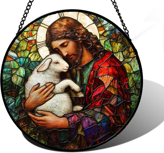 Stained Glass Window Hanging, Jesus Little Lamb Sun Catchers Colorful Glass Panel Christianity Suncatcher Decor for Birthday for Women, Men, Wife, Aunt, and Mom 7.8 in
