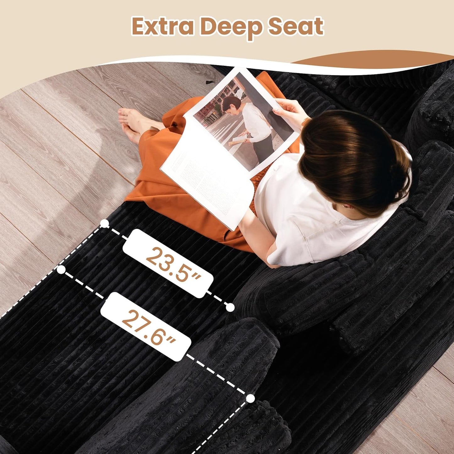 HOOOWOOO Cloud Sectional Couches for Living Room,Modular Sectional Sofa No Assembly,136X108 Inch Plush Corduroy Large U Shaped Floor Couch Set with Deep Seat Ottoman(Black)