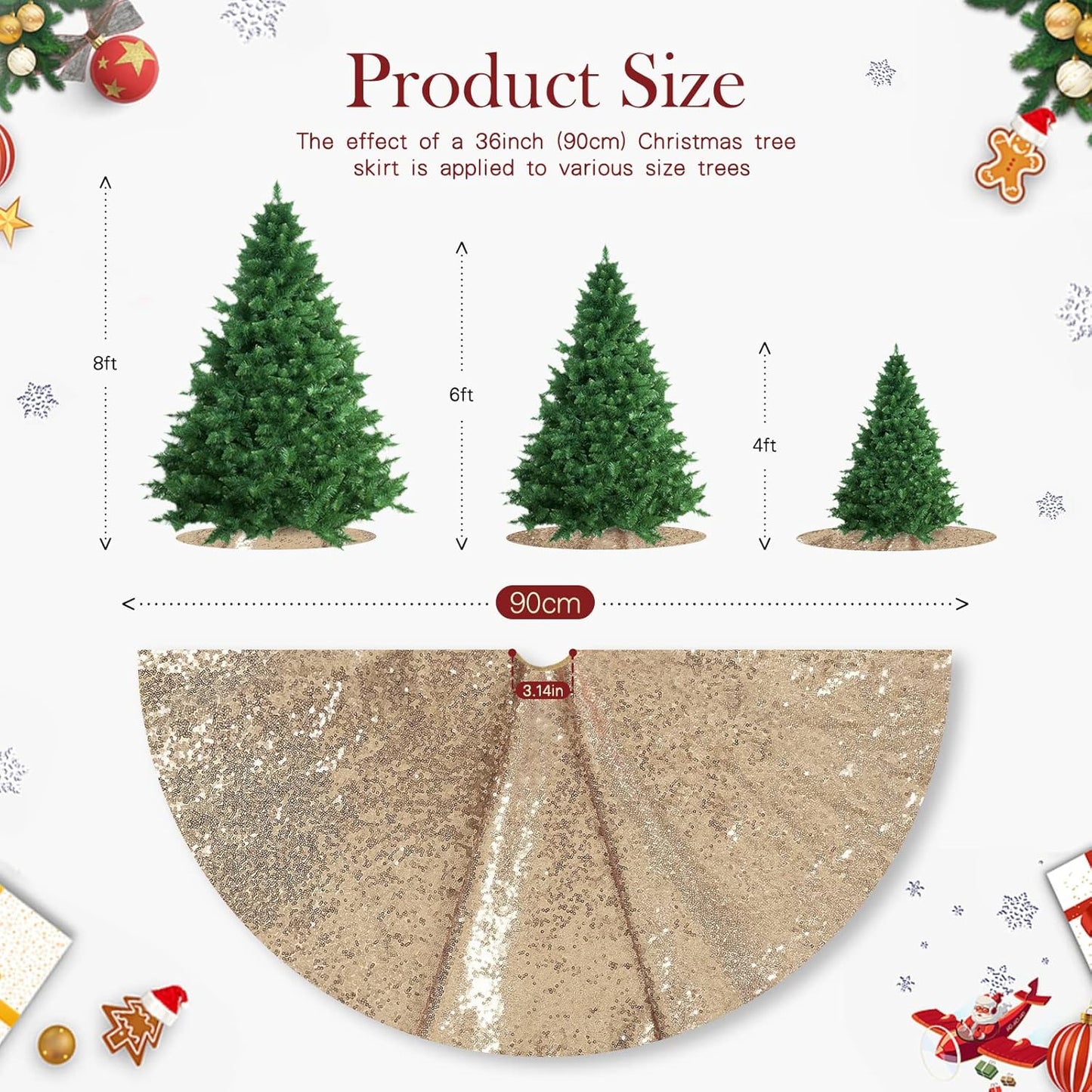 36 Inches Christmas Tree Skirt Champagne Gold Tree Skirt Sequin Glitter Tree Skirt for 4ft Tree Christmas Decoration