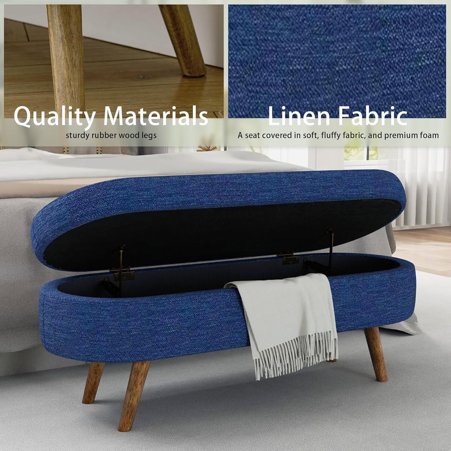 Oval Storage Bench 43.5" Linen Fabric Upholstered Entryway Bench with Solid Wood Legs Ottoman Bench Indoor Bench for Living Room/Bedroom/End of Bed/Entryway (Dark Blue)