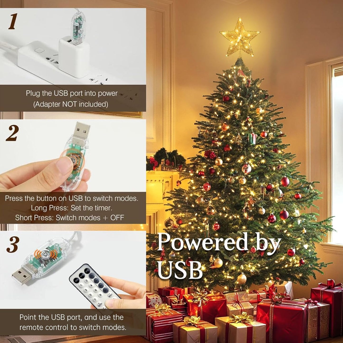 Christmas Tree Topper Star Gold, Christmas Tree Toppers with 50 Warm White LED Lights, Tradition Tree Topper Star for Home Holiday Xmas Tree Christmas Decor, Glitter Gold