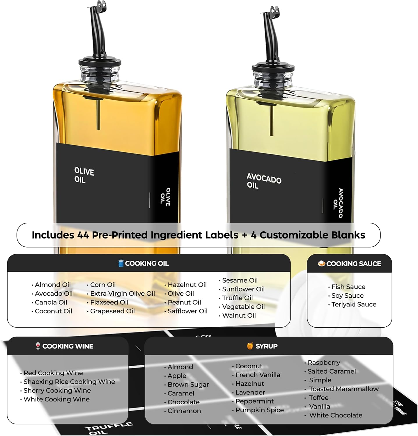 Olive Oil Dispenser Bottle - Includes 44 Kitchen Essential Labels - Cooking Oil Bottles for Kitchen, Coffee Syrup Dispenser - Pourer Spout with 11.8 fl oz Glass Container Cruet - 2pcs, Black