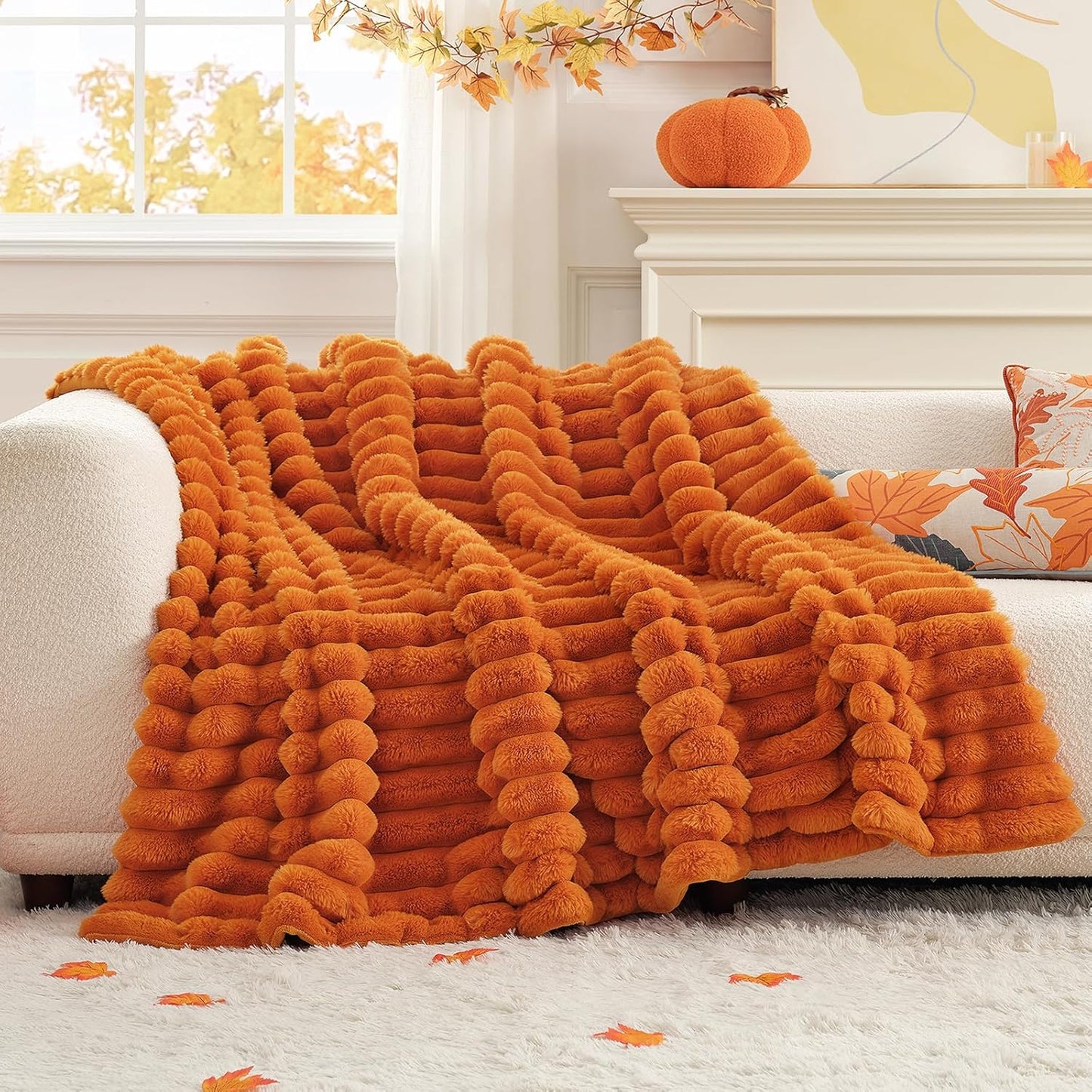 Cozy Bliss Fall Harvest Faux Fur Throw Blanket for Couch, Cozy Warm Plush Striped Blanket for for Decorating Couch Sofa Bedroom Living Room,60 * 80 Inches Burnt Orange