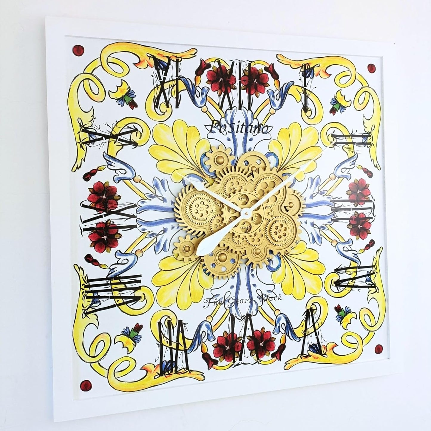 The Gears Clock Wall Clock Italy Collection with Moving Gears (Positano, 36 inch Square)