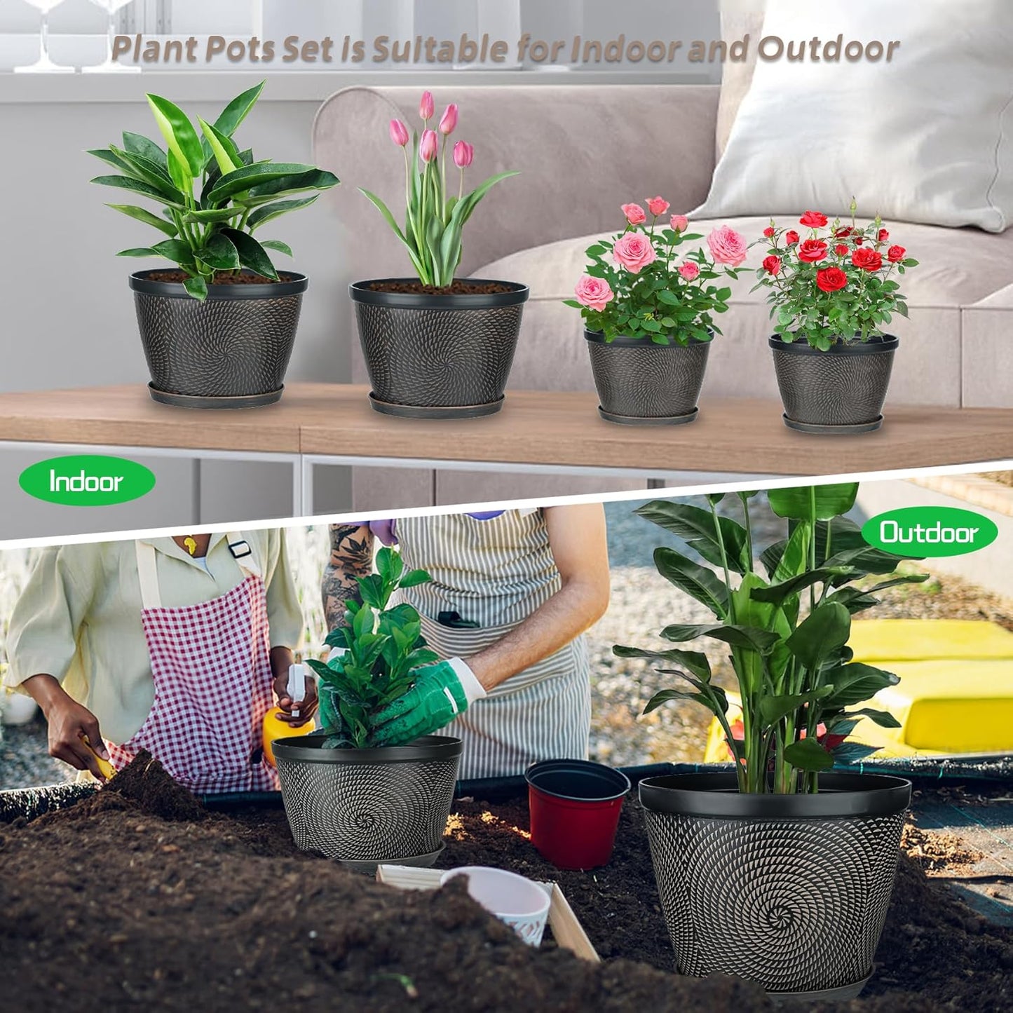 Quarut 4 Pack 6 Inch Flower Pots for Outdoor Indoor, Plastic Plant Pots with Drainage Hole & Saucer, Lightweight Small Flower Pot, Circle Pattern Planters for Garden House planters（Black Copper）